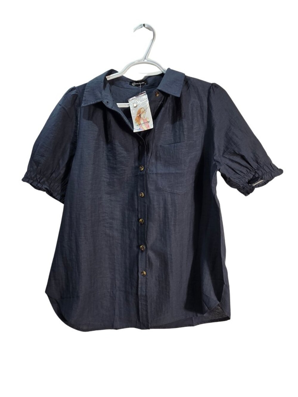 NWT | PrettyGarden Indigo Short Sleeve Button Down Blouse Smocked Cuff | Small - Picture 2 of 6
